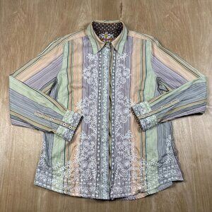 Robert Graham Mens Long Sleeve Striped Embroidered Colorful Button Up Shirt Sz L